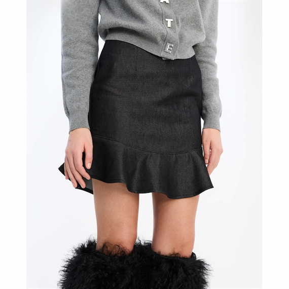 Rotate Denim Mini Ruffle Nederdel, Sort